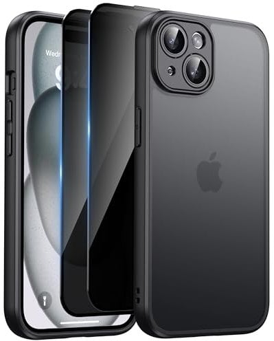 HeIssitot Matt Handyhülle für iPhone 15 Hülle und 2 Stück Sichtschutz Schutzfolie, [Kameraschutz] [Militärstandard] Durchscheinende PC Rückseite TPU Bumper Schutzhülle für iPhone 15, Schwarz