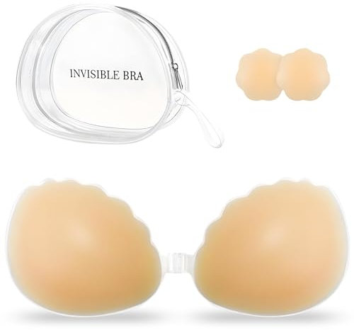 AWXUOCK Invisible Strapless Bras Reusable Stick Skin-Friendly Sticky Push Up Bra Adhesive Bra for Party, Bar, Wedding, Beach, Backless Bra for Women (UK, Cup & Band, A, Nude)