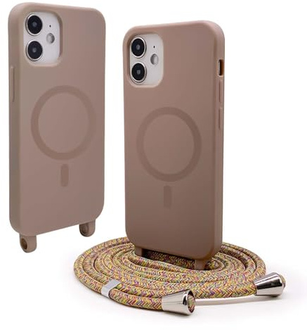 BGHHEU Handykette Hülle kompatibel mit iPhone 12 Mini mit Band,Handyhülle Kompatibel mit MagSafe,Abnehmbar Kordel zum Umhängen Silikon Case Magnetische Handyhülle,Braun