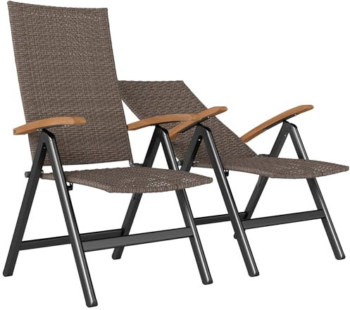 Outsunny Folding Garden Chairs Set of 2, 5-level Reclining PE Rattan Garden Dining Chairs with Wood Armrests, High Back and Steel Frame for Outdoor, Patio, Terrace, Porch, Brown