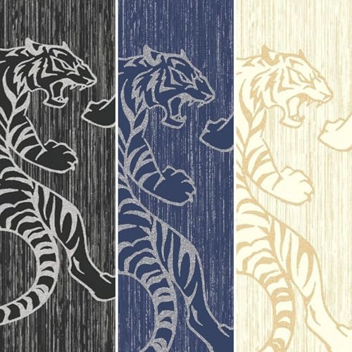 YöL Midnight Blue Tiger Wallpaper Animal Print Glitter Metallic Silver Texture Vinyl