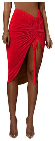 Gonna estiva estiva da donna, sottile, con coulisse, gonna da donna, Rosso, XL