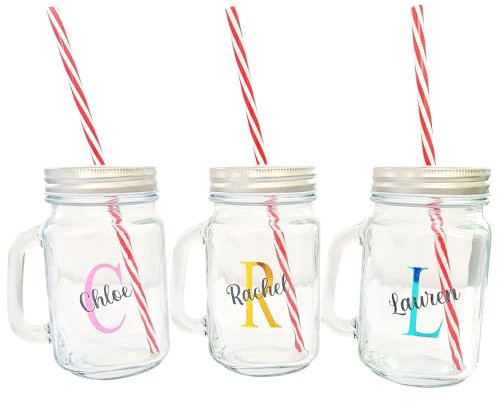 Personalised Mason Jar Milkshake Smoothie Cocktail Retro Drinking Glass Initial Name Custom Birthday Christmas Gifts for Her Him Girl Boy Women Men Bestie 18th 21st 30th 40th Present Secret Santa