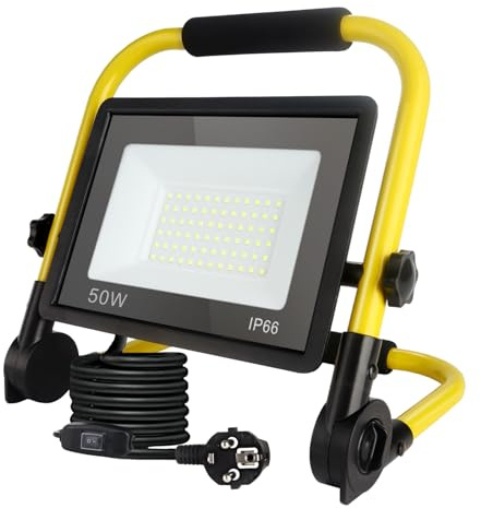 50 W 5400LM LED Construction Spotlight, Construction Site Lamp with Plug, IP66 Waterproof Construction Spotlight with 3.5 m Cable, Portable for Workshop or Construction Site, Garage, 6000 K Daylight