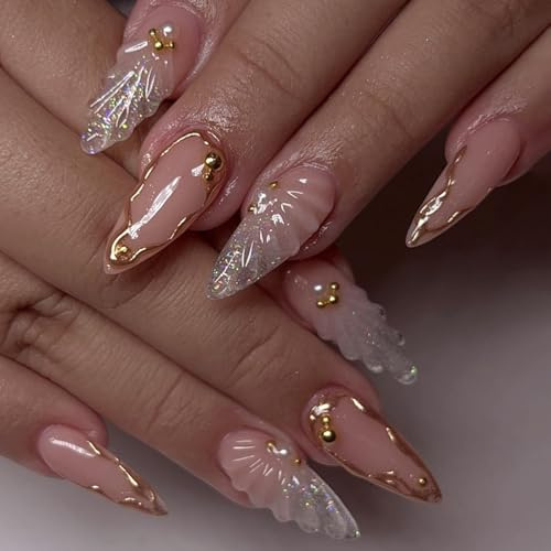 Short Almond False Nails - 24Pcs 3D Glitter Pattern French Tip Fake Nails - Stick on Nail with Gold Edge Design - Medium Press on Nails with Glue - French Tip Nails for Women DIY Manicure at Home