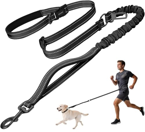 Hands Free Dog Leash by Kazazoo, Adjustable 5.8-8.5FT Heavy Duty Bungee Waist Leash, Reflective Stitches & Quick Off Bucklefor Walking, Jogging,Medium to Large Dogs Up to 150 lbs M Size Black