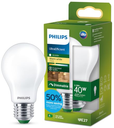Philips LED UltraEfficient Frosted A60 Glühbirne, E27 Edison-Schraube, Energieklasse A, 485 lm, 40 W Äquivalent, Warmweiß (2700 K), dimmbar, EyeComfort, 50.000 Stunden, 1 Packung