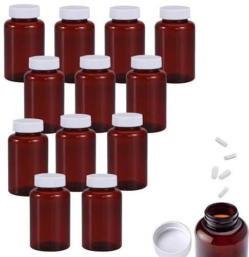 12PCS 100ml Pill Bottles Empty with Caps, Clear Brown | Medication Pots, Small Pill Pots with Lids, Plastic Storage, Reusable, Tablet Bottle