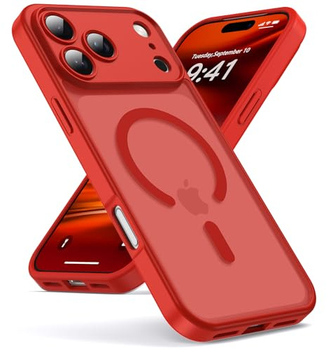Oududianzi-Magnetisch Hülle für iPhone 17 Pro mit Magsafe, Bright Red | Durchscheinende Mattierte PC Rückseite TPU Silikon Schutzhülle, Kameraschutz Transluzente Matt Kratzfest Stoßfest Handyhülle