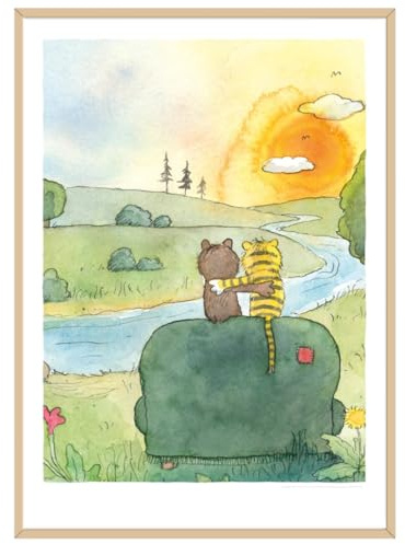 Janosch Poster – Im Sonnenuntergang | Tiger & Bär Illustration 50x70 cm | Janosch Wandbild Kinderzimmer als Geschenk zur Taufe Geburt oder Einschulung | ohne Rahmen | Maße 50x70 cm