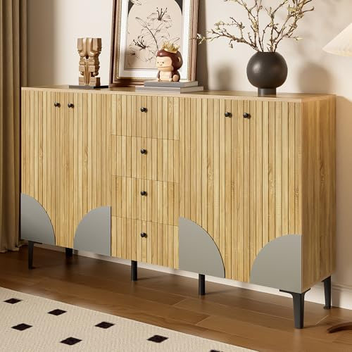 FammyLoft Moderner Aufbewahrungsschrank aus Holz mit 4 Türen und 4 Schubladen, Sideboard Schrank, Allzweckschrank, Ideal für Wohnzimmer, Esszimmer oder Flur, 160 * 36 * 94cm, Holzfarbe