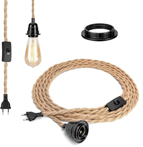 Portalampada E27 vintage con cavo in corda di canapa da 4,5 m, portalampada con interruttore, lampadario industriale fai da te in corda, lampada a sospensione per camera da letto, loft - lampadina non