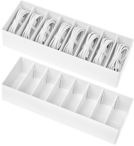 QWORK® Organizer Cavi Set da 2 con 7 Divisori Rimovibili – Scatola Porta Cavi per Scrivania, Cassetto e Ufficio – Gestione Cavi e Accessori, 26x9x5.7cm, Bianco
