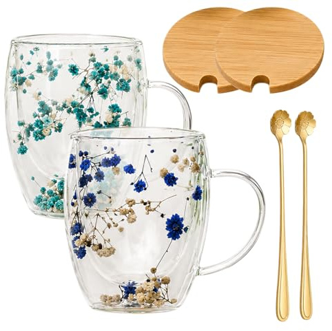 Lot de 2 tasses à café à double paroi avec fleur séchée, 350 ml, verres à double paroi avec anse, fleurs séchées, tasses à café avec fleurs séchées pour thé
