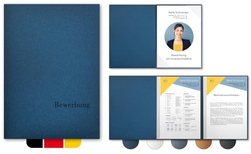 5 Stück 3-teilige Bewerbungsmappen Esclusiva® Exzellent in Nachtblau mit 2 Klemmschienen // in 1A-Premium-Qualität mit hochwertiger Flach-Prägung „BEWERBUNG“ // Produkt-Design von Mario Lemani