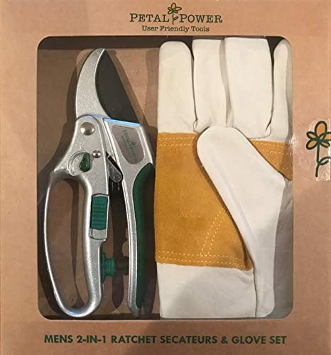 Mens Leather Gardening Gloves and Advanced 2-in-1 Ratchet Secateurs Set - Premier Work Gloves & Heavy Duty Ratchet Pruners - Perfect Garden Gift for Men. (Glove - Medium)