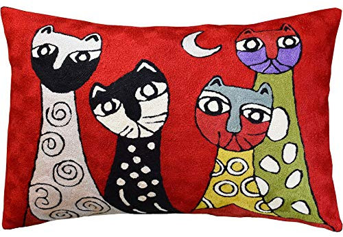 Kashmir Designs Lendenwirbelsäule, Picasso-Katzen-Kissenbezug, rote Katzenkissen, süßes Katzenkissen, abstraktes Katzenkissen, Katzengesicht auf Kissen, handbestickte Wolle, Größe – 14 x 20 cm