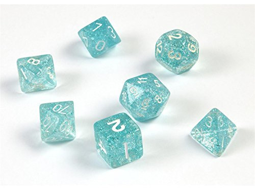 shibby 7 polyedrische Glitzer Würfel für Rollen- und Tabletopspiele in hellblau mit Beutel