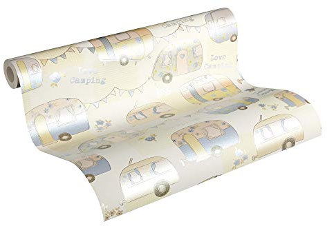 A.S. Création Paper Wallpaper Boys and Girls Love Camping Children's Wallpaper Eco Wallpaper 10.05 m x 0.53 m Light Green Light Blue Silver Cream Beige Glossy PVC and Fibreglass Free Made in Germany