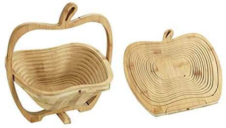 Maximex Faltbarer 2-in-1 Bambus Obstkorb, als Schneidebrett und Untersetzer nutzbar mit Apfel Motiv, antibakterieller und nachhaltiger Bambus, platzsparend verstaubarer Gemüsekorb, 26,5x30x22,5 cm