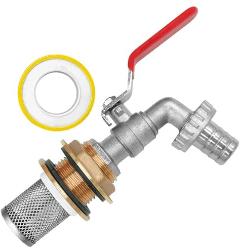 MegaHaustechnik Regentonnendurchführung Messing für 27mm LochØ AG 3/4“, Wandung max. 12mm, Dichtband, mit Auslaufhahn mit Schlauchtülle AußenØ 13mm für 1/2“ Schlauch, Edelstahl Filterkorb, Fass