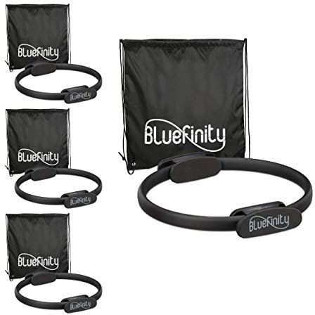 Bluefinity 4 x Pilates Ring mit Übungen, Doppelgriff, gepolstert, Widerstandsring Yoga, Fiberglas, Sportring, Ring Ø 37 cm, schwarz