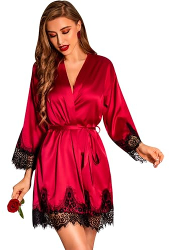 RSLOVE Women Satin Robe Lace Trim Kimono Dressing Gown Silk Bridal/Bridesmaid Robe