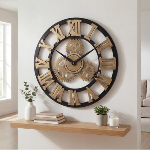 Heaven4you Large Gear Wall Clock 60cm Steampunk Roman Numerals Black Gold | Decorative gears, black frame, gold Roman numerals. 60cm/23.6in. Silent sweep. Hook & guide. Living room, lounge, hallway