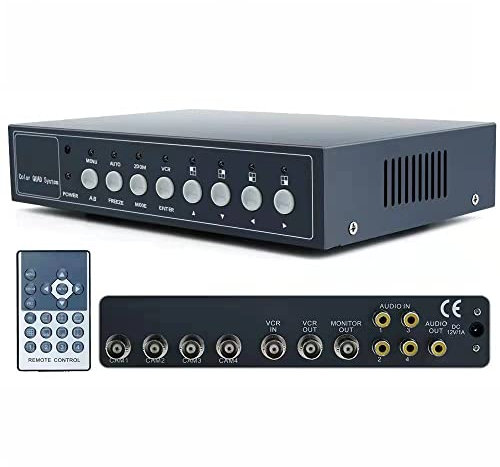 4 Canali Processore Commutatore Multiplexer Quad Video Colori Tempo Reale per Telecamere Sorveglianza, Zoom Digitale, Congelamento Video, Allarme Perdita Video, Rilevamento Movimento, Ingresso Audio