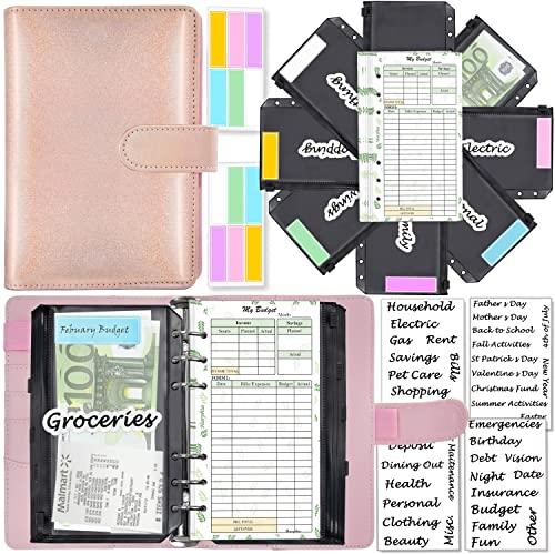A6-Geld-Organizer, 6-Ring-Budgetplaner-Kit mit Geldumschlägen, Budget-Nachfüllungen, Aufbewahrungsmethode für Umschläge, passende Aufkleber und Etiketten, 7,4 x 5,71 (Harphia, 146-Rose)