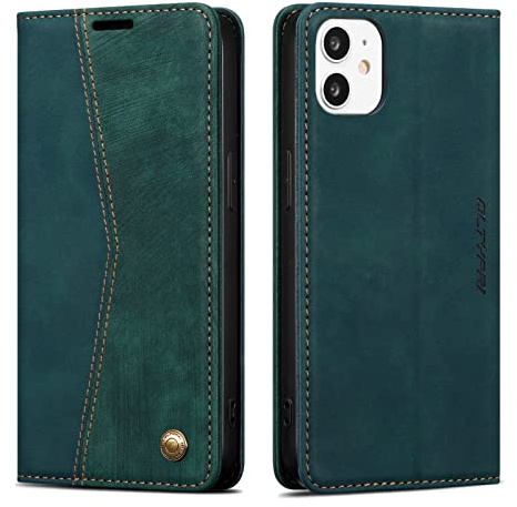 QLTYPRI Hülle für iPhone 12/12 Pro 6,1 Zoll, Leder Klapphülle, Retro Grün | Vintage PU Leder Hülle, Handyhülle mit 2 Kartenfächer, Standfunktion, Weicher TPU-Rahmen, Stoßfeste Flip Wallet Case