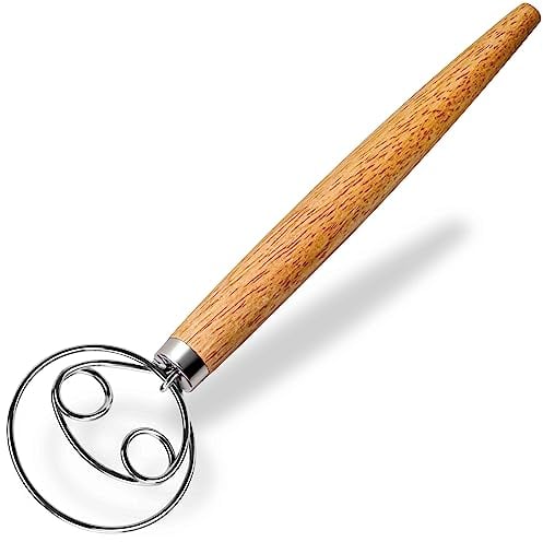 Maxjoy Batidor danés de masa de acero inoxidable estilo holandés Batidor de masa madre Gancho de masa de pan Mezclador de mano con mango de madera para cocina utensilios y suministros