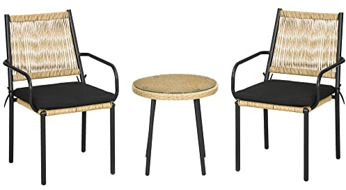 Outsunny 3-TLG. Rattan Gartenmöbel-Set, Balkonmöbel, inkl. Couchtisch und 2 Stühle, Bistro-Set mit Sitzkissen, Sitzgruppe für Terrasse, Balkon, Stahl, Sand