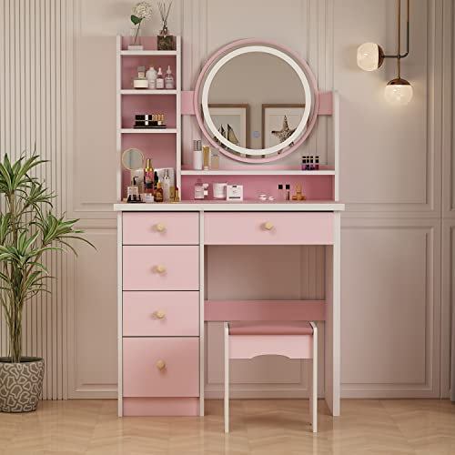 Caldion Coiffeuse avec Miroir, 3 LED Lumiere, Table de Rangement avec Tabouret,Table de Maquillage avec 5 Tiroirs et Rangement, étagères, Commode et Set de Tabourets Rembourrés Rosa, 80x40x135cm