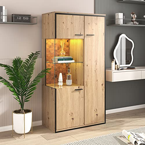Azkoeesy Vitrina con iluminación LED y Estante de Cristal - 78x40x150 cm, Aparador con 3 Puertas, en veta de Madera Natural