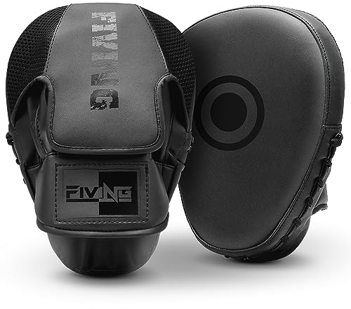 Boxing Pads for Men, Women, & Kids, Leather Focus Mitts for Martial Arts, Boxing Training, Curved Punch Mitts for Karate, Kickboxing,Muay Thai, Taekwondo Black/Black
