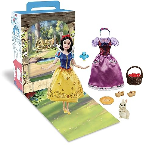 Disney Store Offizielle Schneewittchen Storybook Kollektion Puppe, Schneewittchen und die Sieben Zwerge, 28 cm, Mit 2 Outfits, Accessoires, Malbogen für Aktivitäten und Spiele, für Kinder ab 3 Jahren