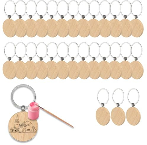 DiBaiHuiHomer 30 Pièces Porte-clés en bois personnalisé vierge DIY Porte-clés en bois personnalisé Porte-clés en bois naturel Porte-clés pour la peinture, la décoration, les cadeaux