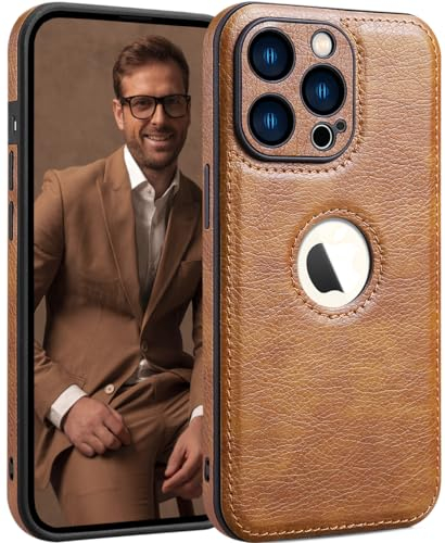 SOUTEM Custodia in pelle PU per iPhone 15 Pro Max,Cover di Protezione per L'obiettivo della Fotocamera,PU Pelle Sottile Lusso Business Antiscivolo Grip Rugged Antiurto Pieno Protettivo Case(Marrone)