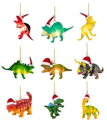 9Pcs Dinosaur Christmas Decorations,Acrylic Christmas Tree Decorations With Dinosaurs of Different Shapes,Christmas Hanging Ornament for Christmas Tree Car Wall Decor
