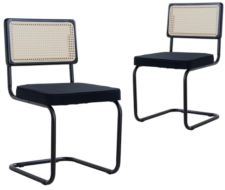 GrandCA HOME Modernes 2er-Set Esszimmerstühlen mit Rückenlehne aus Natürlichem Rohrgeflecht und Gestell aus Metallstahl, Gepolsterte Rattan-Küchenstühle,Schwarz-1