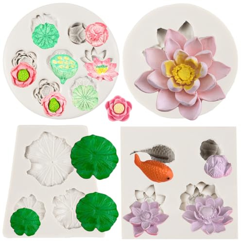 FCKEMLDS Lotusblüten-Silikonformen, Lotusblatt, Fondant, Lilien-Pad, Silikonformen, Lotuswurzel-Form für Kuchendekoration, Cupcake-Topper, Schokolade, Süßigkeiten, Polymerton, Gummipaste, 4 Stück