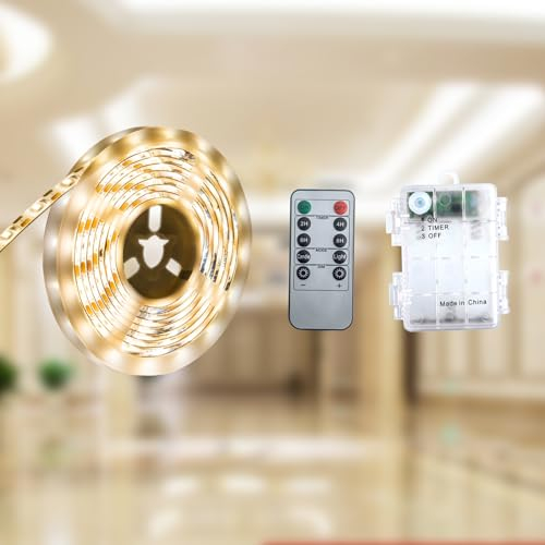 JUNWEN LED Streifen Batterie,2M Warmweiß Batteriebetrieben,LED Streifen Batteriebetrieben,Batterie LED Strip120 Licht SMD 2835,LED Streifen mit Batterien,für Küchenspiegel,Kleiderschrank,Schrank,Decke