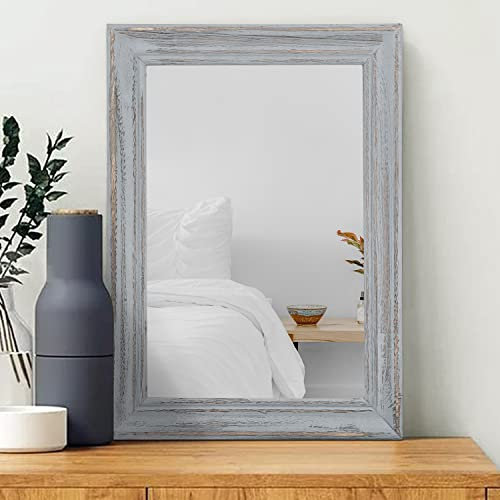 MWAZZLL Espejo de madera de 50 x 40 cm, rectangular, rústico, colgante, moderno, para baño, dormitorio, decoración de pared, color gris