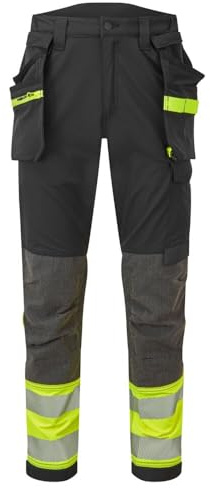 Portwest EV442 EV4 Hi-Vis Stretch Water Resistant Work Trousers with Detachable Holster Pocket - Reflective Breathable High Visibility Workwear, Yellow/Black, 36