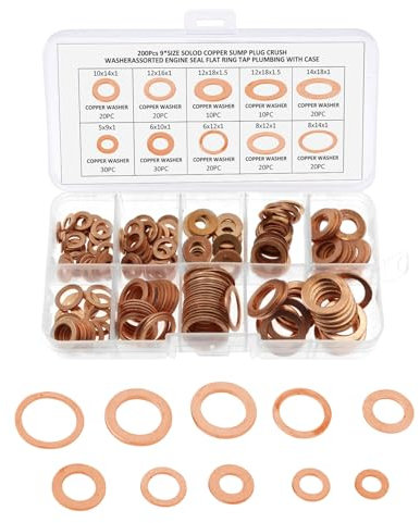 200 Pieza Plana Arandela de Cobre Kit Surtido de Sellos de Anillo Plano para Tapones de Sumideros Agua Combustible Accesorios Hidráulicos de Arandelas de Bloqueo(M5 M6 M8 M10 M12 M14)