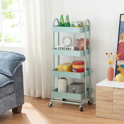 [en.casa] Carro de Servicio con 4 Cestas Estantería de Baño con 4 Ruedas Carrito de Cocina Multiusos Versátil Resistente Acero 104 x 46 x 35 cm - Verde Menta