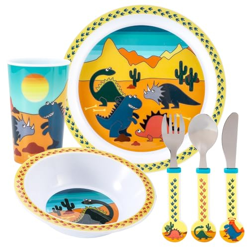 Dinosaur Kids 6 Piece Reusable Dinner Set - Plate/Bowl/Cup/Knife/Fork/Spoon - Childrens Dinnerware Tableware Cutlery Set
