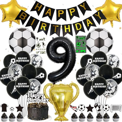 Fussball Luftballon 9 Geburtstag Junge - Fußball Deko Geburtstag Kinder, Happy Birthday Banner Girlande Folienballons Tortendeko, Leuchtende Tattoo Aufkleber, Schwarz Fussball Geburtstagsdeko 9 Jahre