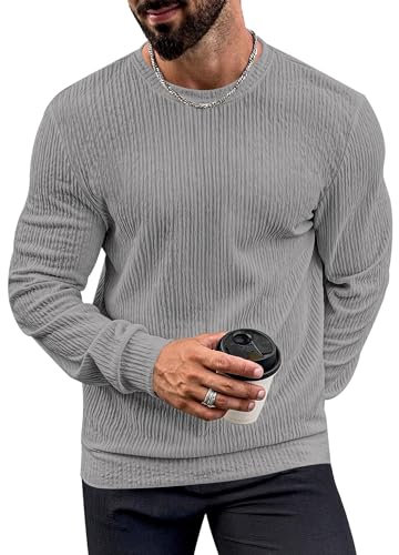 Man Round Neck Long Sleeve T-Shirt Lightweight Knit Pullover Stretchy Solid Color Tshirt Grey L